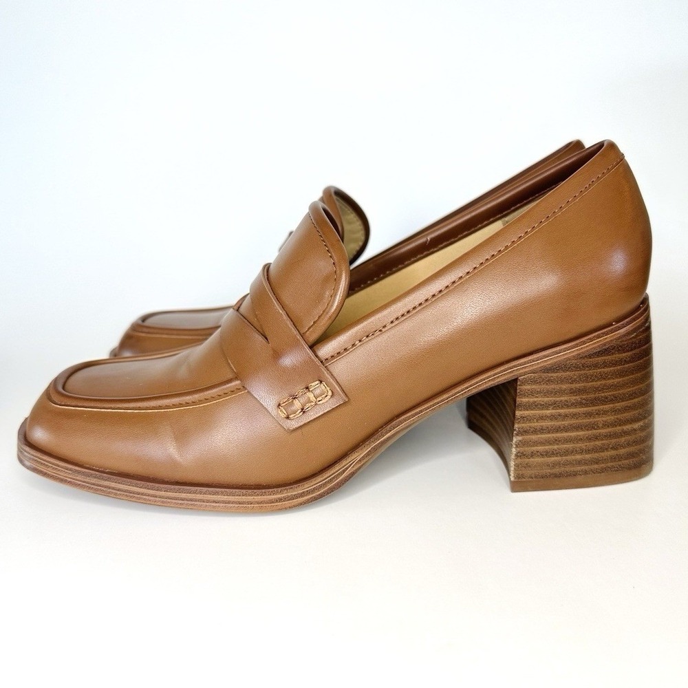 Nine West Avalia Block Heeled Loafers Womens 8.5 M Dark Natural Brown Camel Tan